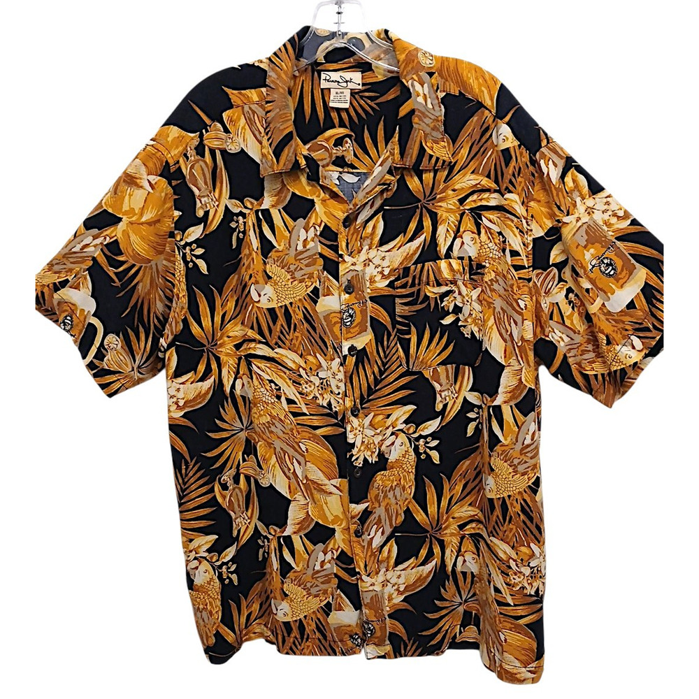 Y2K Panama Jack Dinner Shirt XL Gold Black Beer Drink Parrot Tropical Party Vntg